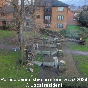 Portico demolished in storm Henk